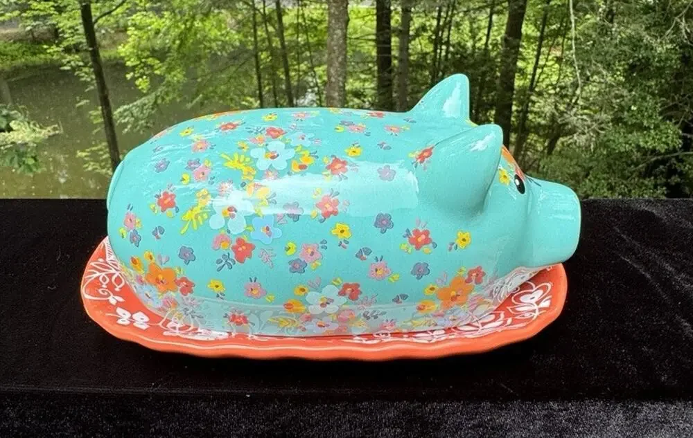 Gibson Ceramic Pig Covered Butter Dish Lid Tray Farmhouse Pioneer Woman EUC A82